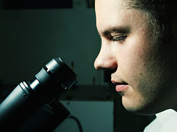 Doctor looking into microscope